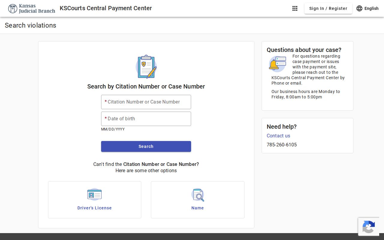 Kansas Central Payment Center citation search choices